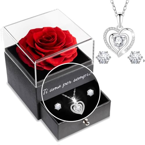 Yamonic Rosa Eterna Regalos Originales para Mujer,Rosa Eterna Natural Preservada con Collar y Pendientes de Plata de Ley 925,Flore Preservada Regalo Navidad San Valentin Dia de la Madre Cumpleaños