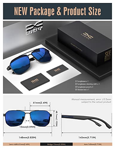 LUENX Aviator Sunglasses for Men Square Polarized Polygon Lens - UV 400 Protection with Accessories 61MM Driving Outdoor