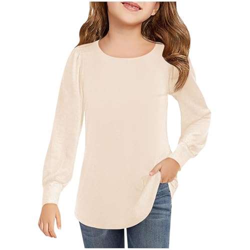 Lmdudan 2025 Girls Puff Long Sleeve Shirts Kids Casual Crewneck Soft Tunic Tops Solid Color Tees Blouse 4-13 Years