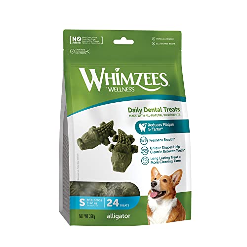 WHIMZEES Crocodiles à Mâcher pour Chiens de Petite Taille, Friandises Naturelles pour l'Hygiène Bucco-Dentaire Taille S, Sac de 24 Pièces Cover