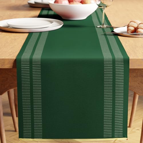 Encasa XO Dining Table Runner 13"x94" | Yarn Dyed Fine Ribbed Cotton | Ladder Dk Green | Machine Washable