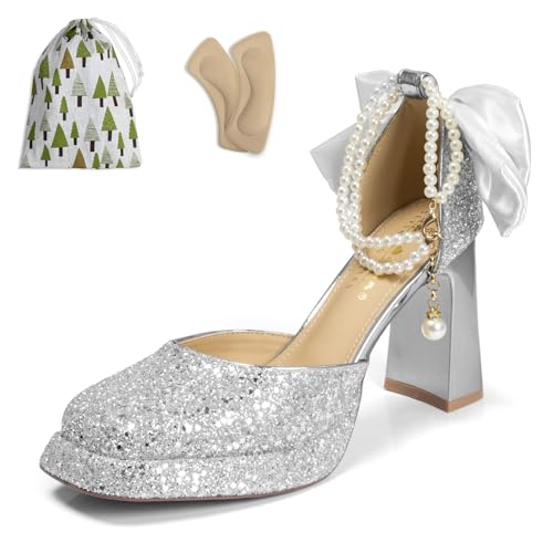 Women's Pearl Ankle Strap High Heels with Bow Black Platform Heels for Women Closed Toe Red Gold Silver Glitter Formal Party Dress Block Pumps Shoes Comfortable