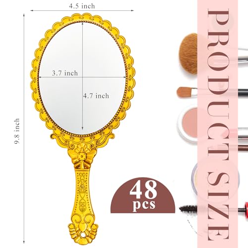 Qunclay 48 Pcs Vintage Handheld Mirror with Handle, 9.8" L x 4.5" W Gold Embossed Portable Small Mirrors Bulk for Princess Party Favors, Birthday Gifts, Classroom Rewards & Daily Travel Use