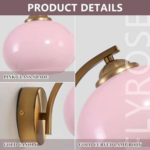 Image of Pink Wall Sconce Light Antique Brass Sconces Set of 2 Mid Century Modern Globe Wall Sconce Lighting Vintage Bedroom Wall Lights Gold Hallway Wall Lighting Fixtures
