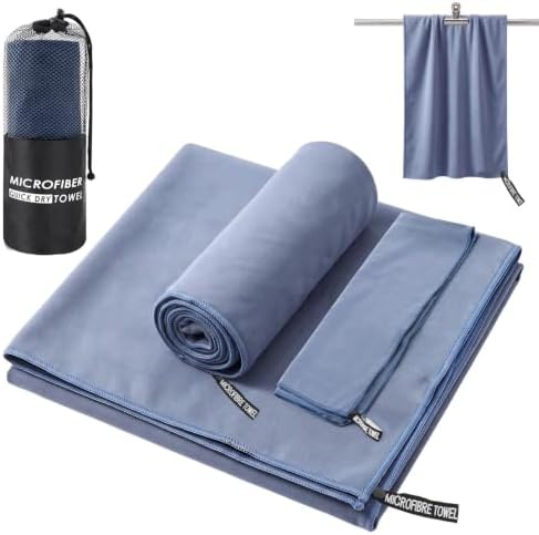 Juego de 3 Toalla Microfibra Ultra Absorbente, Secado Rápido, Ligera y Compacta para Playa Piscina Gimnasio Yoga Viaje y Camping (Azul)