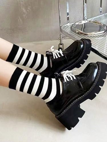 Image of SHENHE Women's 5 Pairs Striped Socks Knitted Mini Crew Retro Sports Quarter Socks Black and White 36-39