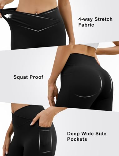 Women's Yoga Pants V Crossover Flare Leggings with Pockets Flared Bootcut Bell Bottoms Workout Pants Gym4