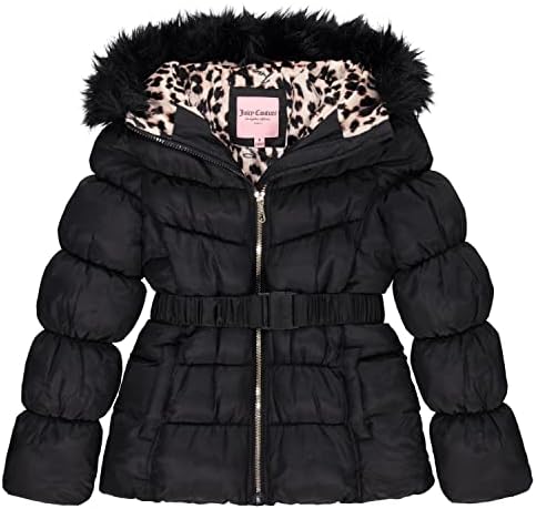 Juicy Couture Girl's Long Fur Hooded Belted Heavy Weight Parka Puffer Jacket, Warm Padded Winter Coats for Girls, Black/L