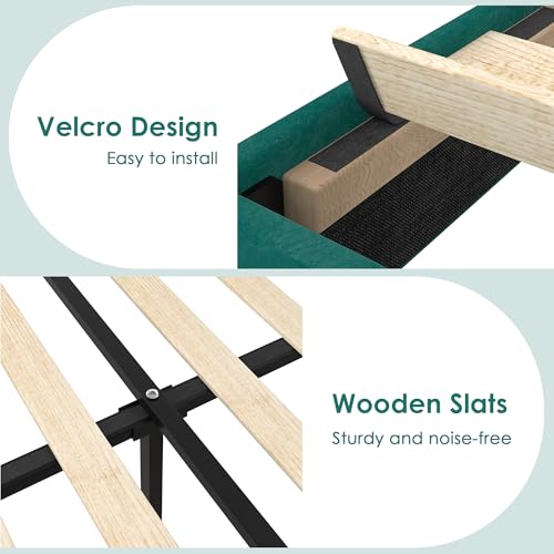 Image of VECELO Queen Size Platform Bed Frame with Height Adjustable Upholstered Headboard, Modern Mattress Foundation,Strong Wood Slat Support, No Box Spring Needed, Easy Assembly,Dark Green