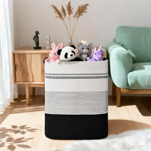 Image of Laundry Hamper, 95L Tall Laundry Basket with Leather Handles, Rectangle Large Clothes Hamper for Organizing, Cotton Woven Laundry Baskets Storage Hampers for Bedroom, Nursery, Living Room