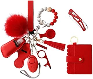NYNPPUE Safety Wristlet Lanyard Keychain Set for Women Personal Alram Protection Keychain with Hand Sanitizer Holder Pom Pom Accessories (Red)