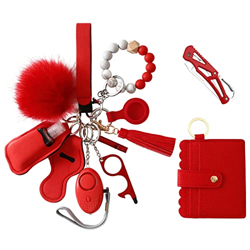 NYNPPUE Safety Wristlet Lanyard Keychain Set for Women Personal Alram Protection Keychain with Hand Sanitizer Holder Pom Pom Accessories (Red)