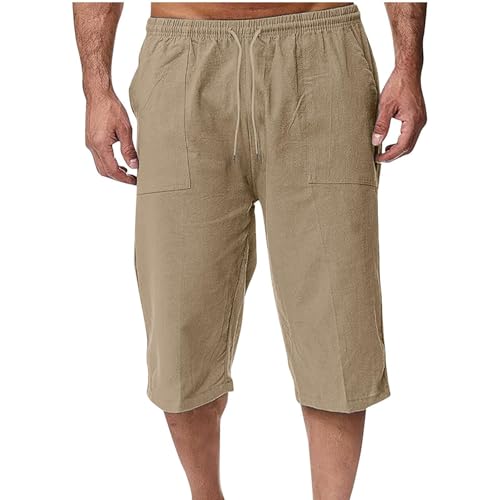 Men's Linen Harem Capri Pants Casual Lightweight Drawstring Yoga Pants Baggy 3/4 Beach Trousers with Pockets