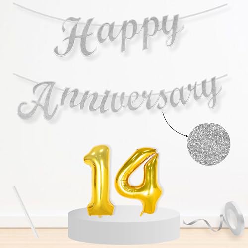 Image of Flyloons 14th Happy Anniversary Banner Silver Decorations Kit for Men Women Wedding Anniversary Banner Items without Balloons