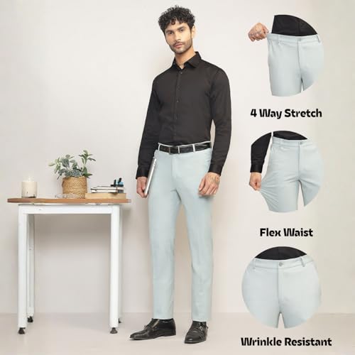 Image of SUBTRACT Men 4 Way Stretch Wrinkle Free Slim Fit Formal Trouser in with 2 Inch Flexible Waistband | Men's Trousers for Office Or Party