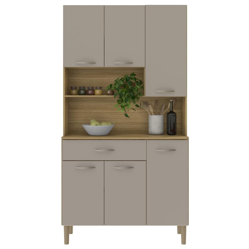 ACTUAL DIFFUSION Buffet de Cuisine 6 Portes 1 Tiroir Chêne Taupe 7 Niches L 90.9 H173.5 P 36.3 cm