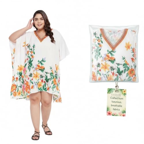 Image of Oussum Short Caftans for Women Plus Size Kaftan Tunic Tops Polyester Summer Beach Clothing Mini Cover Ups Dress for Ladies