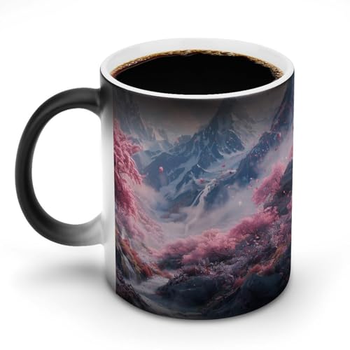 山の森に桜が咲くマグカップ 変色カップ 美しい自然の風景 イラストアート コーヒーカップ 高級 おしゃれ 人気 誕生日プレゼント ギフト 贈り物 彼女 妻 友人 家族 愛する人への素敵なプレゼント バレンタインデー 結婚記念日 プレゼント 350ml