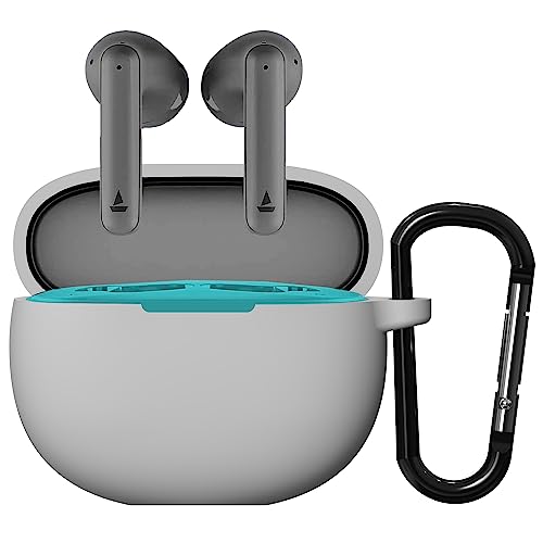 Image of Sounce Soft Silicone Case Cover for Boat 141 Pro, Scratch-Resistant, Non-Slip Grip with Carabiner Clip Keychain, Full Protection, Water Resistant Shockproof Case Anti Fall Anti Dust - Grey