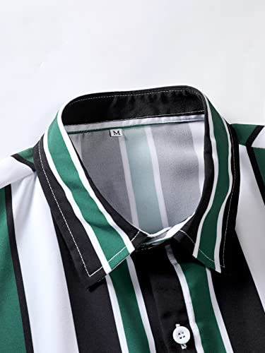 Oyoangle Men's 2 Piece Outfits Short Sleeve Striped Button Down Shirt And Shorts Sets Green S #TOP3