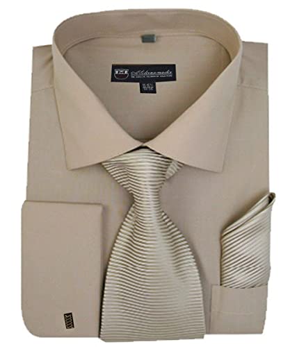 Milano Moda Solid Dress Shirt With Tie, Hankie & French Cuffs Sg27-Khaki-17-17 1/2-34-35 #TOP21