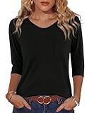 Design : Ce t shirt femme ete élégant à col en V, des manches trois-quarts, une poche poitrine, une coupe confortable et un design uni simple, créant un look à la fois décontracté et élégant.