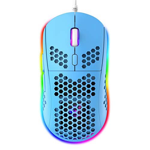Ratón RGB para Juegos Ligero en Forma de Panal, 6 Botones Programables, 6 Modos de Retroiluminación RGB y 6400 dpi, USB con Cable, Plug & Play, Compatible con Windows, Mac, Laptop, PS4, Xbox Azul