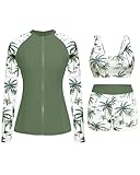 Holipick Green Palm Tree Long Sleeve Swimsuits for Women - 3 Piece Rash Guard with Shorts Zipper SPF Swim Shirt with Built in Bra S
