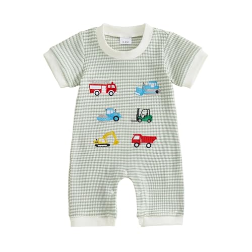 Bagilaanoe Baby Boy Summer Striped Romper Fashionable Fish/Construction Vehicle Embroidery Short Sleeve Jumpsuits (Green firetruck, 3-6 Months)