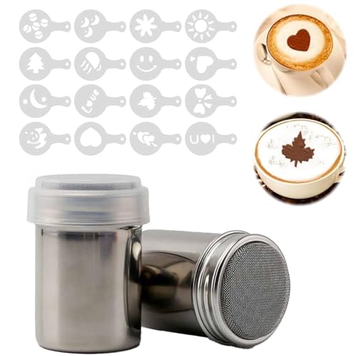 2-Piece Chocolate Shaker Set, Coffee Powder Set, Stainless Steel Mesh Powdered Sugar Spreader with 16 Coffee Templates Suitable for Syrup, Cream, Powdered Sugar, Cocoa, Cappuccino, Kitchen