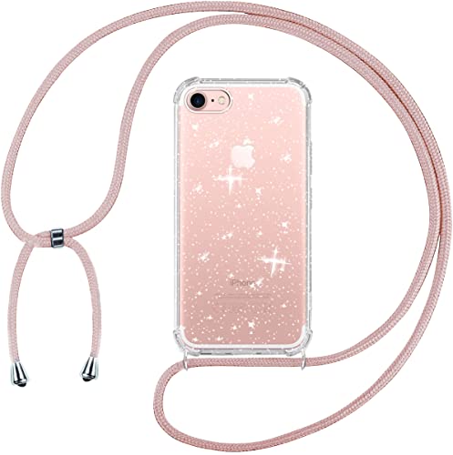 Tikgue Coque pour iPhone SE 2022 / iPhone 2020，iPhone 8 / iPhone 7 avec Cordon, Collier Coque Glitter Transparent Paillettes Etui TPU Bumper Silicone Case avec Chaîne Lanière Housse - Or Rose