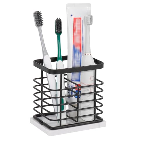 Image of Toothbrush Holder, Luxurious Metal Toothbrush Toothpaste Holder with Marble Base for Bathroom, Multi-Slots Openwork Design, Bathroom Accessory for Storage and Organizer (Small, Matte Black)