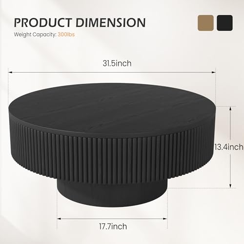 YOUDENOVA 31.5” Round Fluted Coffee Table, Modern Wood Circle Coffee Table, Veneer Handcrafted Relief Tea Table with Sturdy Pedestal for Living Room，Easy Assembly - Black
