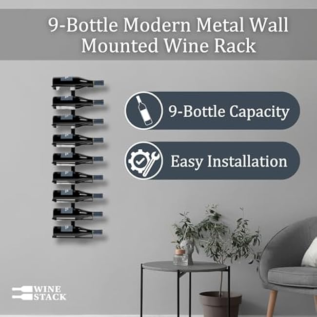 9-Bottle Black Metal Wall Mounted Wine Rack ¨C Modern Industrial Wine Bottle Storage Organizer for Home Bar, Kitchen, Dining Area & Wine Cellar