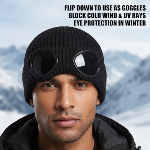 2PCS Goggle Knit Beanie with Goggles Unisex Goggle Knitted Beanie Hat Windproof Warm Winter Skull Cap (2PCS C) - 4