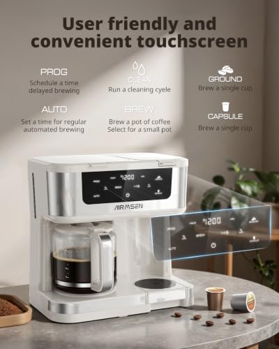 Image of AIRMSEN 12-Cup Programmable Duo Coffee Maker - Single Serve Machine for K-Cup Pods & Ground, 1000W Fast Brew, Delay Start, 2H Keep Warm, Touchscreen, 60oz Tank, Glass Carafe - Home & Office