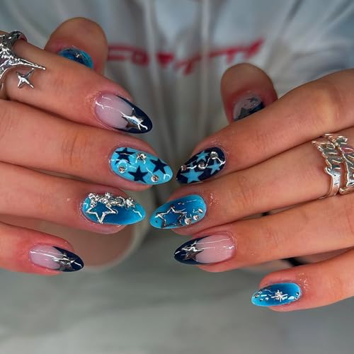 Image of Star Press on Nails Medium Almond Fake Nails Blue Black Ombre French Tip Nail Press ons with Design NBNTGH Stick on Nail for Women Manicure 24Pcs