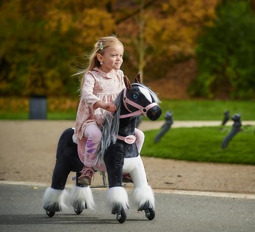 Ponnie Reitpferd mit Rollen Domino S (3-6 Jahre), Spielpferd zum Reiten mit Abnehmbarer Rosa Sattel und Halfter mit Zaumzeugund Kämmbare Mähne und Schwanz, Plüschpferd zum Reiten für Kinder