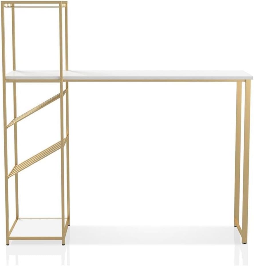 BOWERY HILL Contemporary Metal Bar Table, 59" W x 16.88" D x 58.75" H, Steel and MDF, White and Gold Finish, Built-in Stemware Racks, Wine Shelf, Modern Design for Dining Room or Home Bar Use