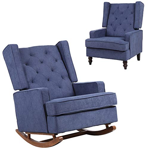 Dolonm Nursery Rocking Chair Upholstered Mid Century Modern Rocker Oversized Wingback Armchair For Living Room With Two Legs Option, Navy #TOP18