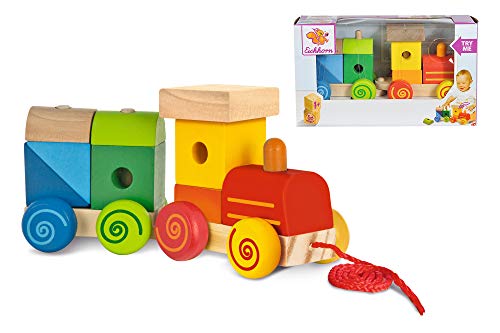 Eichhorn 100003453 Lok mit Sound, Anhänger mit Bausteinen, 17cm lang, Birke und Kiefernholz, WB, Try me,1J+, bunt