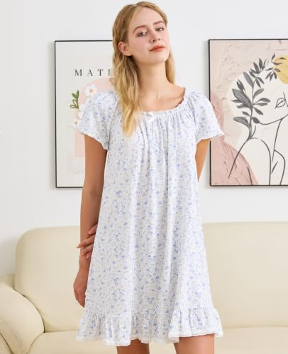 Image of Nanxson Women's Cotton Nightgown Short Sleeve Sleepwear Vintage Nightshirt | Summer Victorian Sleepdress,White Sleepshirt,U Neck Lace Loungewear,Soft Nightshirt,Loose Loungedress,Bride Nightwear