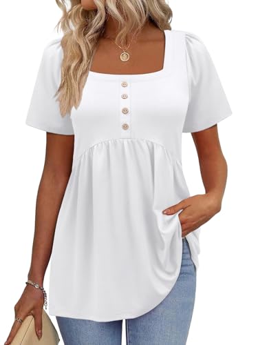 VUTRU Womens Summer Tops Short Puff Sleeve Babydoll Shirts Peplum Blouses U Neck T Shirts Trendy 2026 (White,XS)