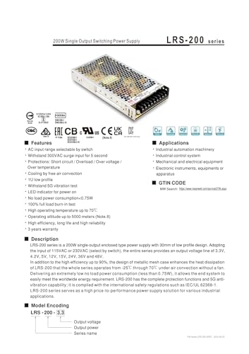 Bloc d'alimentation LRS-200-5 convertisseur à découpage 5V 200W CC