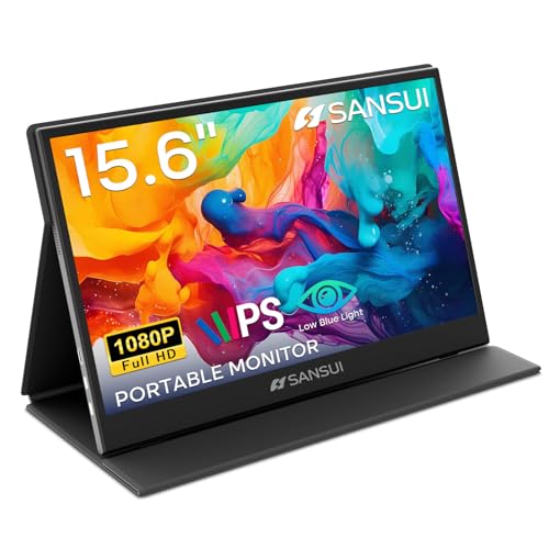 SANSUI Portable Monitor 15.6 Inch FHD 1080P Travel Monitor for Laptop, USB C HDMI Ultra-Thin IPS Computer Display with Speakers & PU Leather Stand Cover, for PC Mac mini Phone Switch Gaming