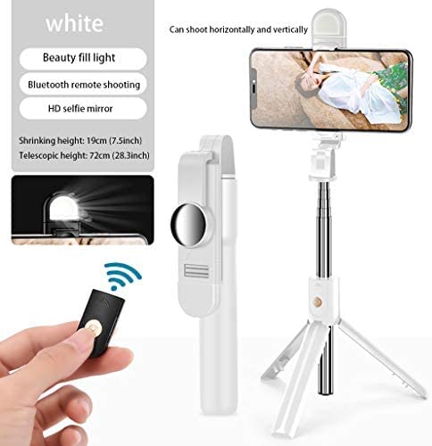 Treppiede per selfie stick da 28 pollici, mini treppiede per fotocamera portatile da tavolo per telefono cellulare con telecomando Bluetooth per selfie/streaming/fotografia,White