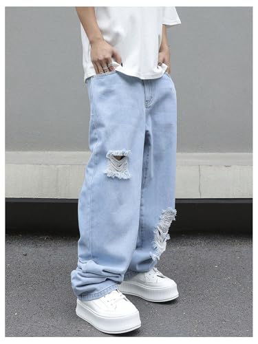 OYOANGLE Men's Ripped Distressed Jeans Wide Leg Casual Long Denim Pants with Pocket3