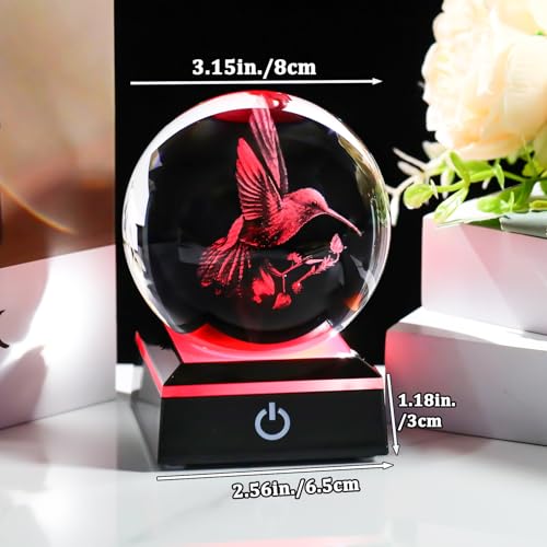 Image of Arikyrist 3D Crystal Ball Hummingbird Figurine with LED Base, Hummingbird Gifts for Women Men on Christmas Birthday, Hummingbird Ornament Glass Decorative Ball for Home Decor (80mm)