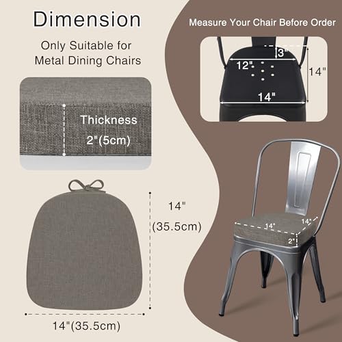 Image of OVOV 14x14 Chair Cushions for Metal Dining Chairs Set of 2 Light Grey | Non Slip, Washable Removable Cover with Ties, Textured, for Dining Room, Kitchen Cafes Bistro Patio, Stackable Chairs