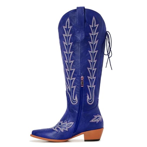 Image of Uillnoodu Wide Calf Cowboy Boots Women Knee High Tall Western Cowgirl Boots Adjustable Lace Up Plus Size Comfortable 2-Inch Heel
